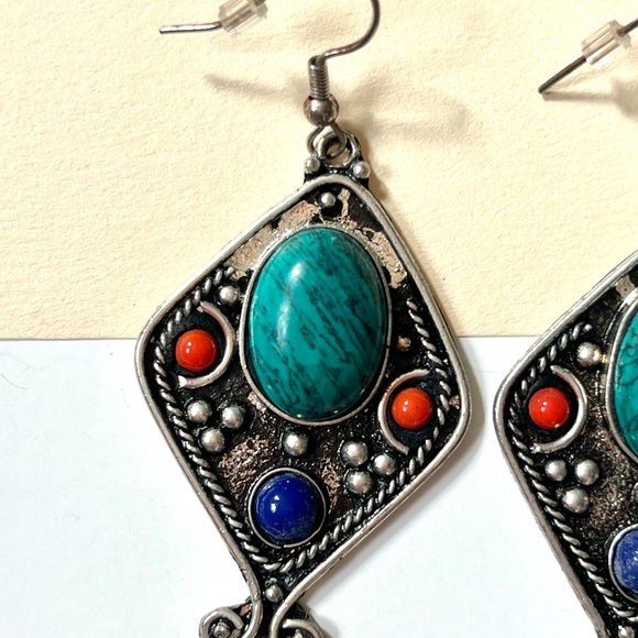 nwot! • boho statement dangling engraved earrings red turquoise blue stones - Picture 3 of 9
